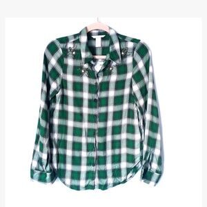 H&M Green Plaid Button Up Long-Sleeve Shirt w/Beaded Bug Detail